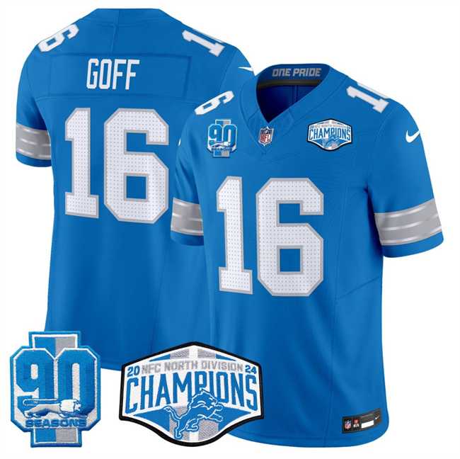 Men's Detroit Lions #16 Jared Goff Blue 2024 NFC North Champions 90th Anniversary Patch F.U.S.E. Vapor Limited Stitched Jersey,We sell and wholesale Men's Detroit Lions #16 Jared Goff Blue 2024 NFC North Champions 90th Anniversary Patch F.U.S.E. Vapor Limited Stitched Jersey on line form chian!